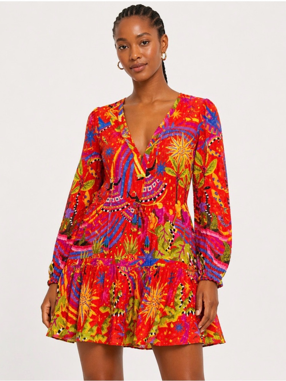 Farm Rio Vibrant Red Floral V-Neck Long Sleeve Mini Dress S